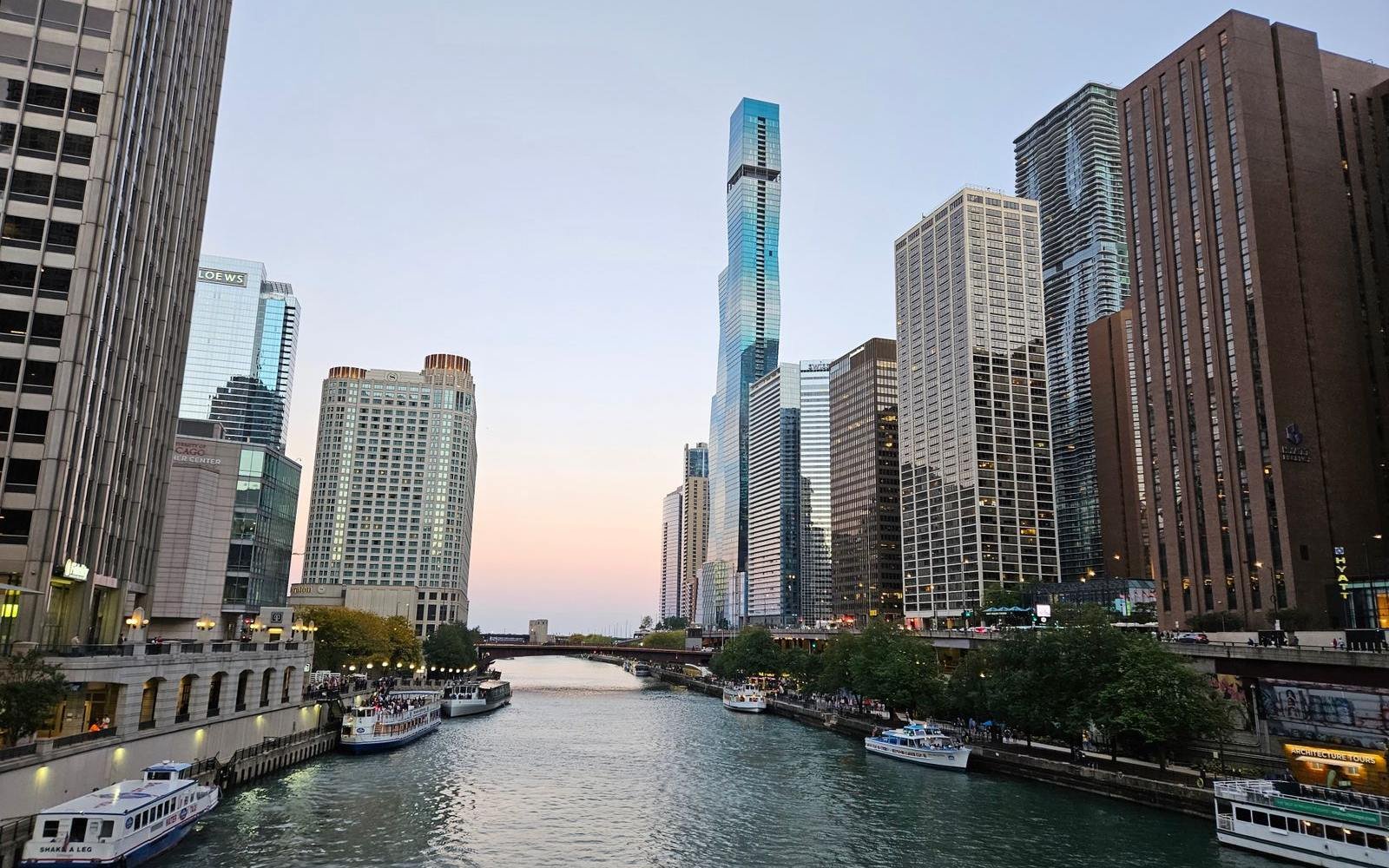 The Chicago River and skyline at golden hour